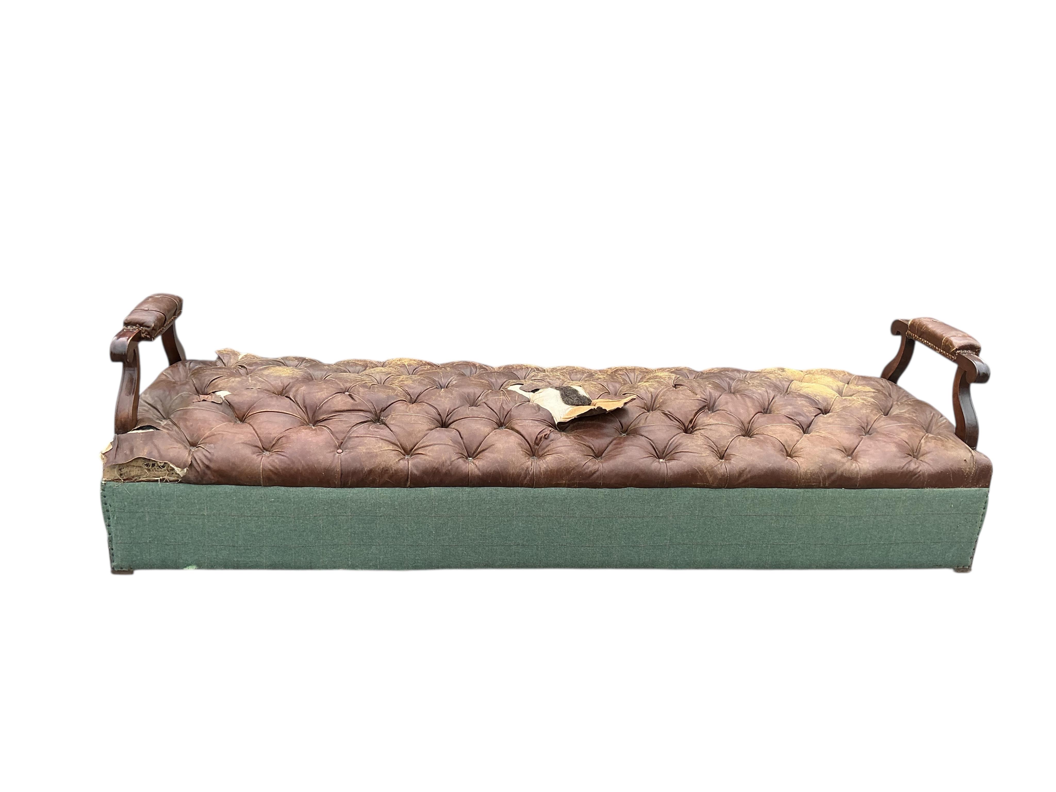 A Victorian oak and buttoned brown leather bench seat, width 266cm, depth 84cm, height 72cm